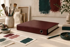 Sanat atölyesinde kapalı dosya ve boya fırçaları, temsilî görsel / Geschlossene Mappe und Pinsel in einem Atelier, Symbolbild