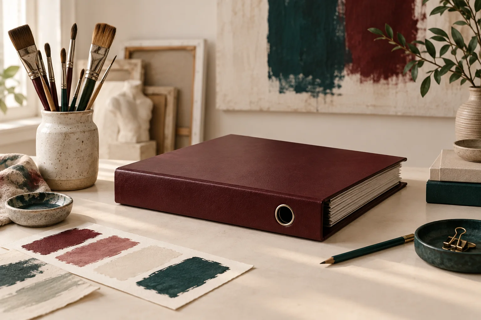 Geschlossene Mappe und Pinsel in einem Atelier, Symbolbild