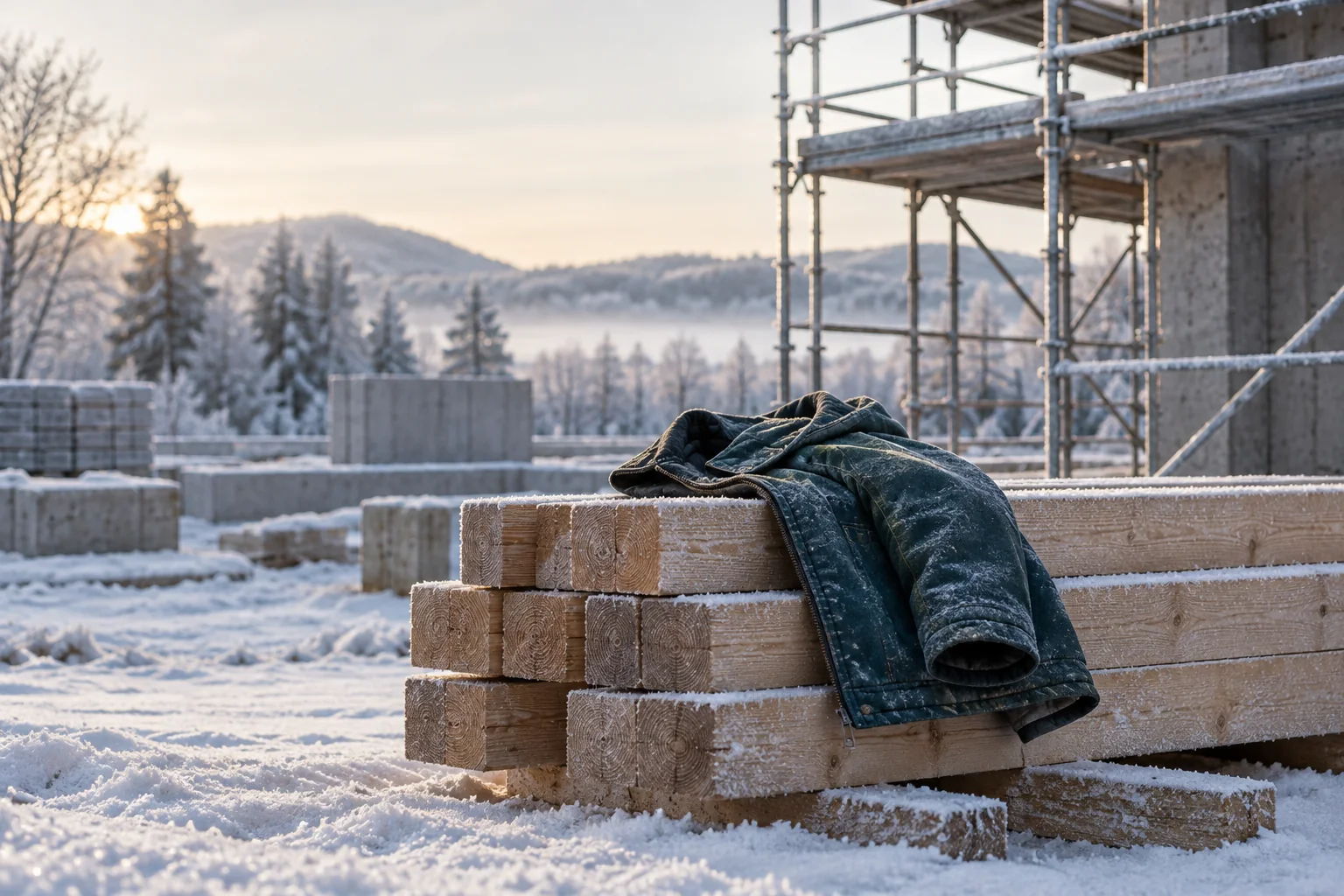 Holzmaterial und Arbeitsjacke auf einer verschneiten Baustelle, Symbolbild