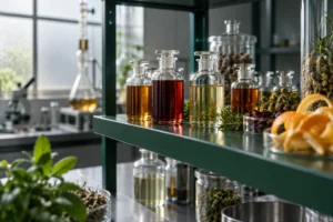 Cam kaplarda baharat ve bitkisel aroma malzemeleri, temsilî görsel / Gewürze und pflanzliche Aromazutaten in Glasgefäßen, Symbolbild