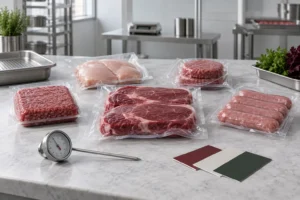 Soğuk üretim tezgâhında ambalajlı et ürünleri, temsilî görsel / Verpackte Fleischwaren auf einer kühlen Arbeitsfläche, Symbolbild