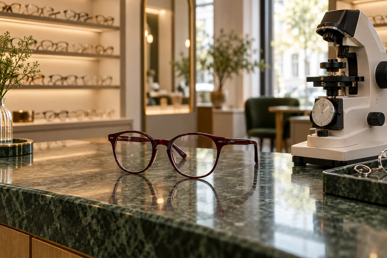 Burgunderrote Brille auf der Theke eines Optikgeschäfts, Symbolbild