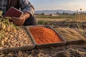 Tarlada nohut, kırmızı mercimek ve buğday örnekleri ile yüzü görünmeyen üretici