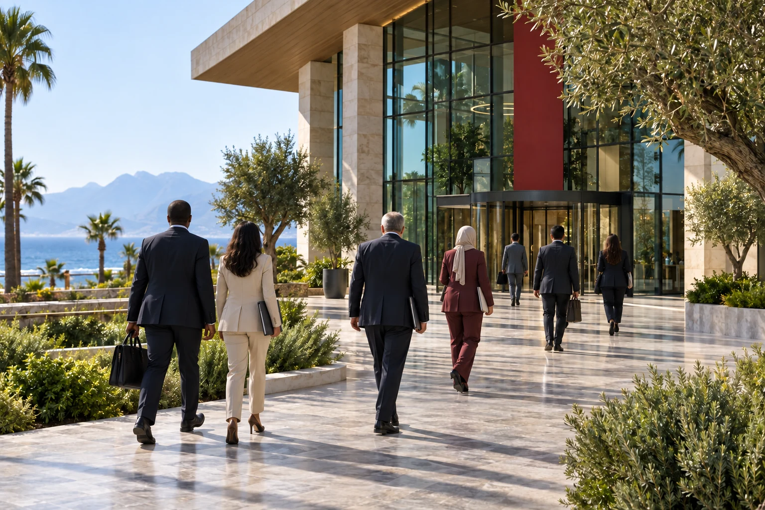 Delegierte ohne sichtbare Gesichter auf dem Weg zu einem modernen Konferenzzentrum in Antalya