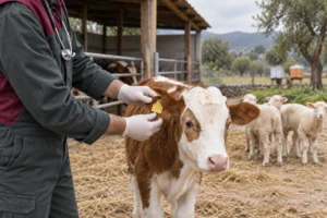 Yüzü kadraj dışında kalan veterinerin buzağının küpe kaydını kontrol ettiği çiftlik sahnesi