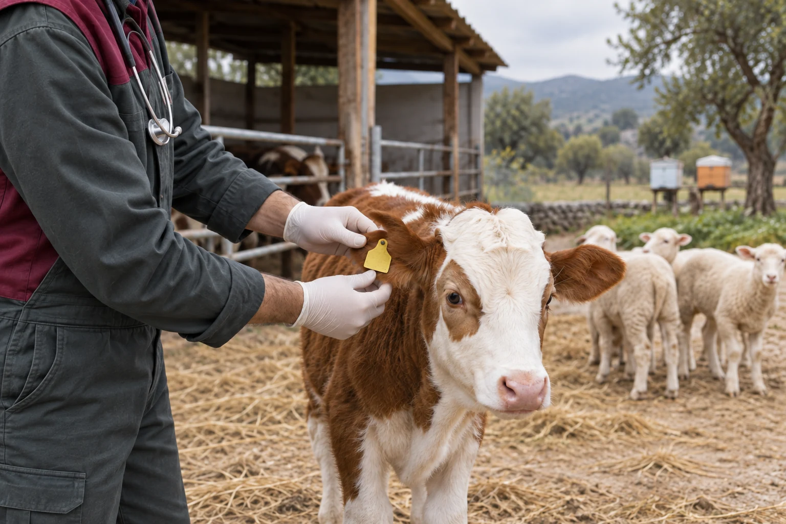 Landwirtschaftliche Szene, in der ein Tierarzt ohne sichtbares Gesicht die Ohrmarke eines Kalbes prüft