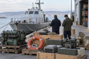 Bakım iskelesinde ihtiyaç fazlası deniz ekipmanını arkadan inceleyen yüzleri görünmeyen görevliler