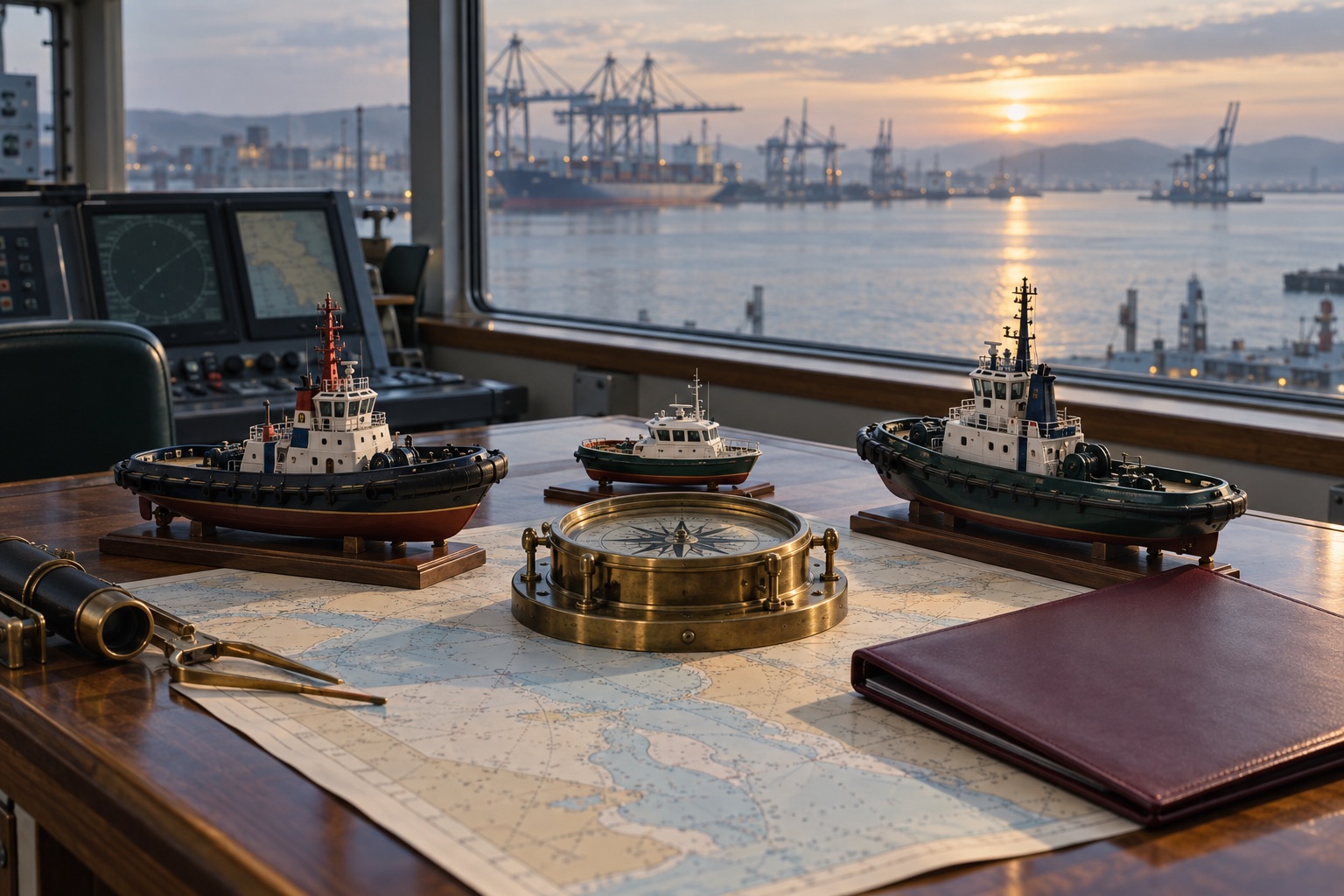 Zwei Schleppermodelle, ein Lotsenboot und ein Schiffskompass als Symbol für das türkische Kartellverfahren zu Lotsen- und Schlepperdiensten
