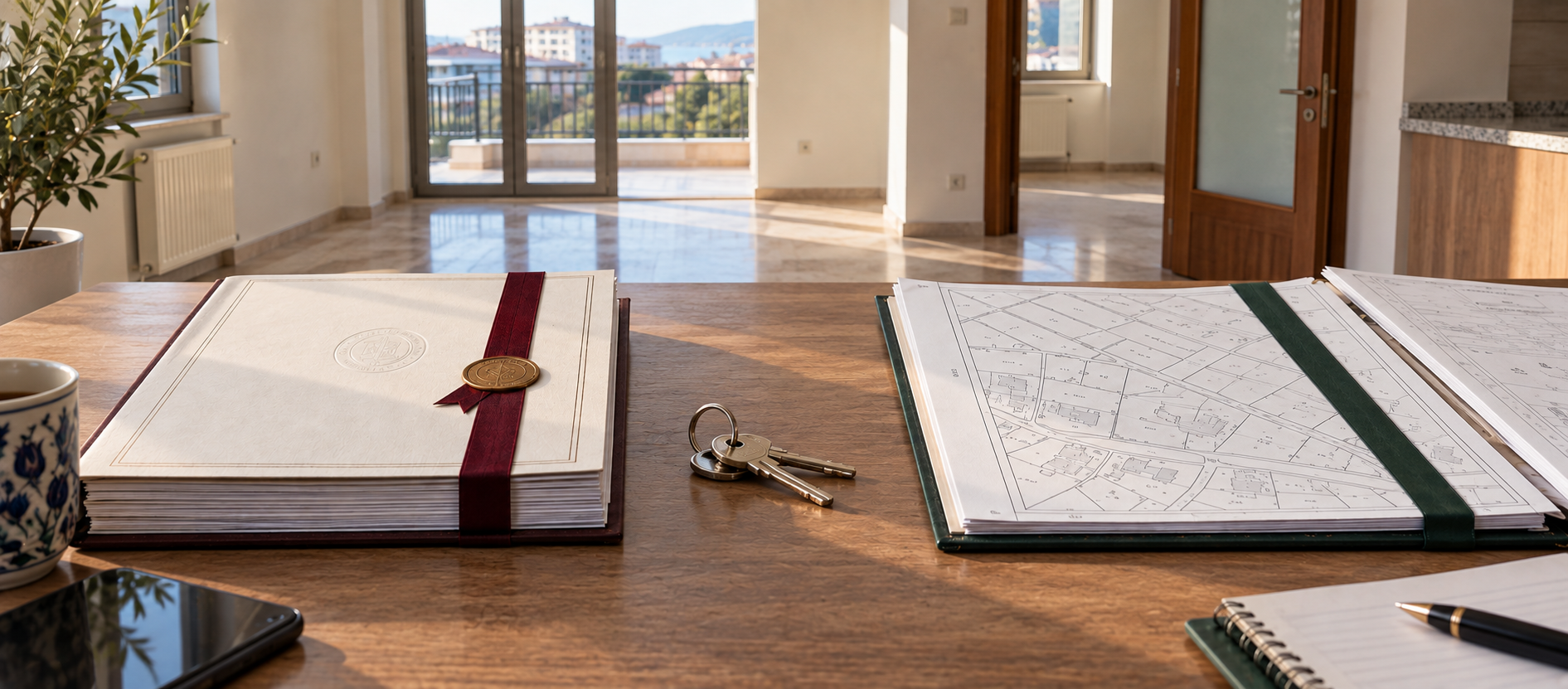 Abgeschlossene Nachlassakte, Grundbuch- und Flurunterlagen sowie Wohnungsschlüssel in einer realen Immobilie
