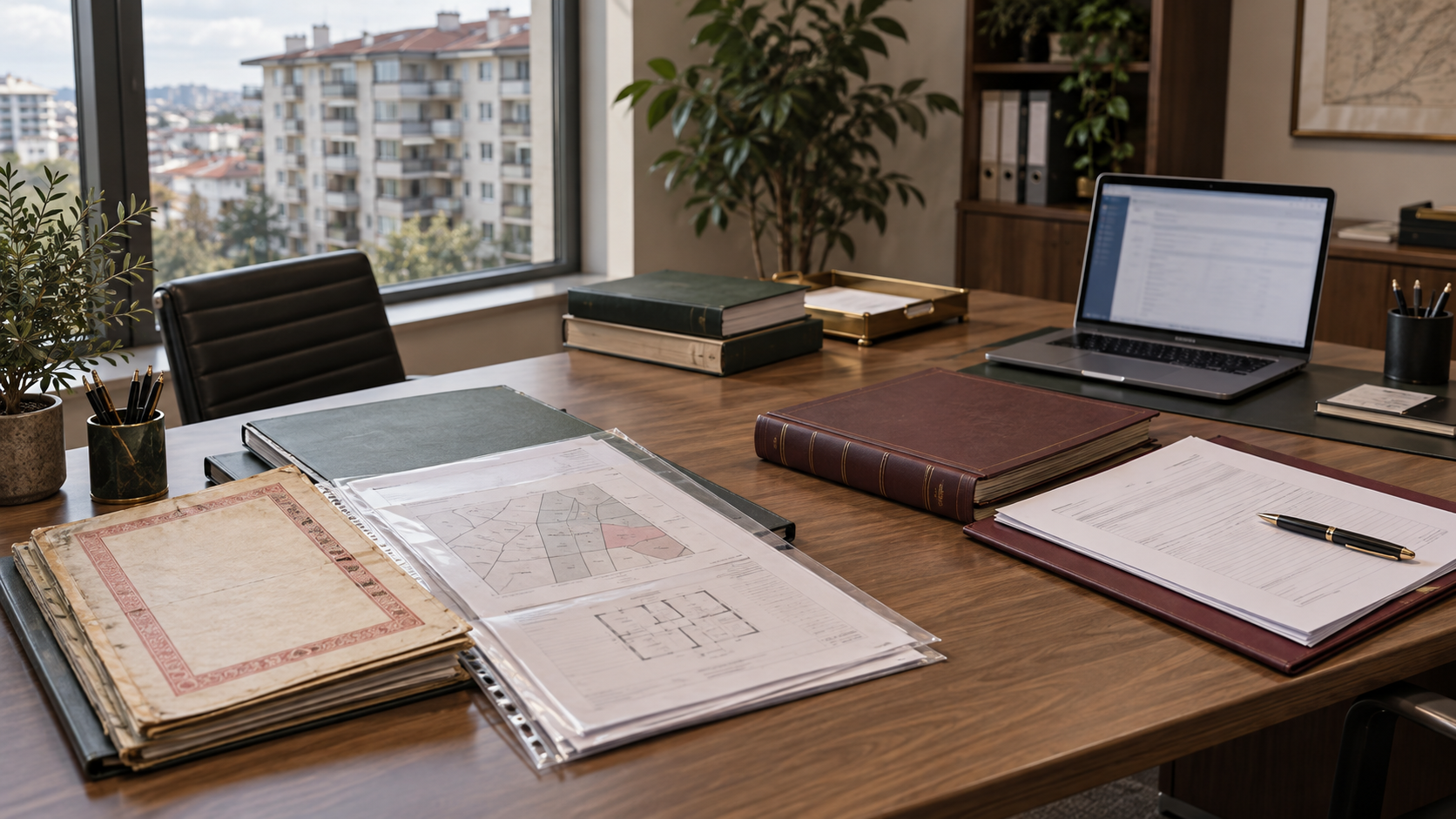 Aktueller türkischer Grundbuchauszug und Unterlagen zu Gesellschaftsanteilen in getrennten Prüfakten auf einem Schreibtisch